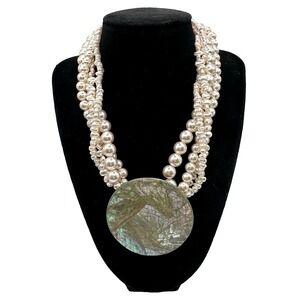 Vintage Faux Pearl Necklace Multi Strand w/ Large Abalone Mosaic Disc 16" 1980s